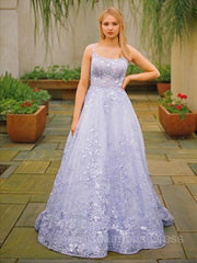 Evening Dress Modest, A-Line/Princess Spaghetti Straps Sweep Train Tulle Prom Dresses With Appliques Lace