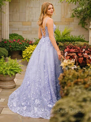 Evening Dress Long Sleeve Maxi, A-Line/Princess Spaghetti Straps Sweep Train Tulle Prom Dresses With Appliques Lace