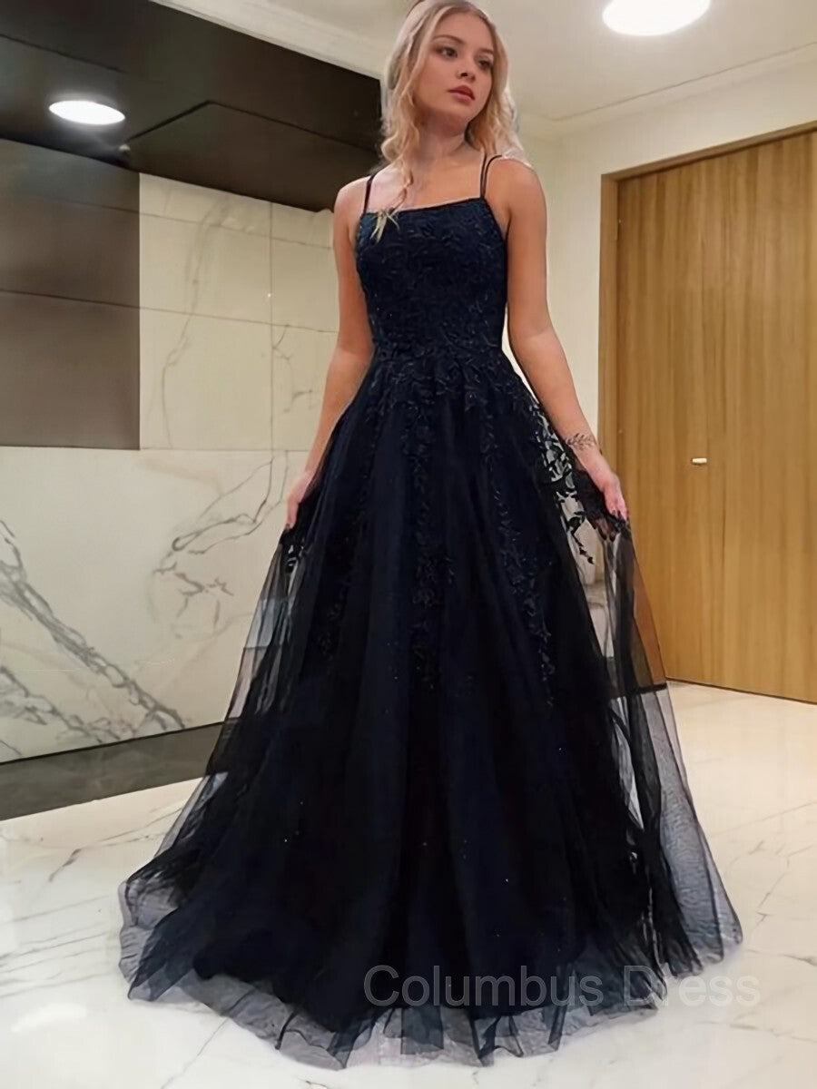 Formal Dress Gown, A-Line/Princess Spaghetti Straps Sweep Train Tulle Prom Dresses With Appliques Lace