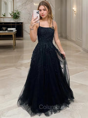 Formal Dresses Gowns, A-Line/Princess Spaghetti Straps Sweep Train Tulle Prom Dresses With Appliques Lace