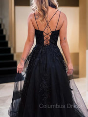 Formal Dresses Elegant, A-Line/Princess Spaghetti Straps Sweep Train Tulle Prom Dresses With Appliques Lace