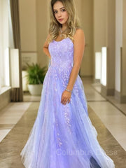 Bride Dress, A-Line/Princess Spaghetti Straps Sweep Train Tulle Prom Dresses With Appliques Lace