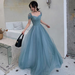 Formal Dresses Royal Blue, A-Line Princess Square Neckline Short Sleeve Floor-Length Prom Dresses