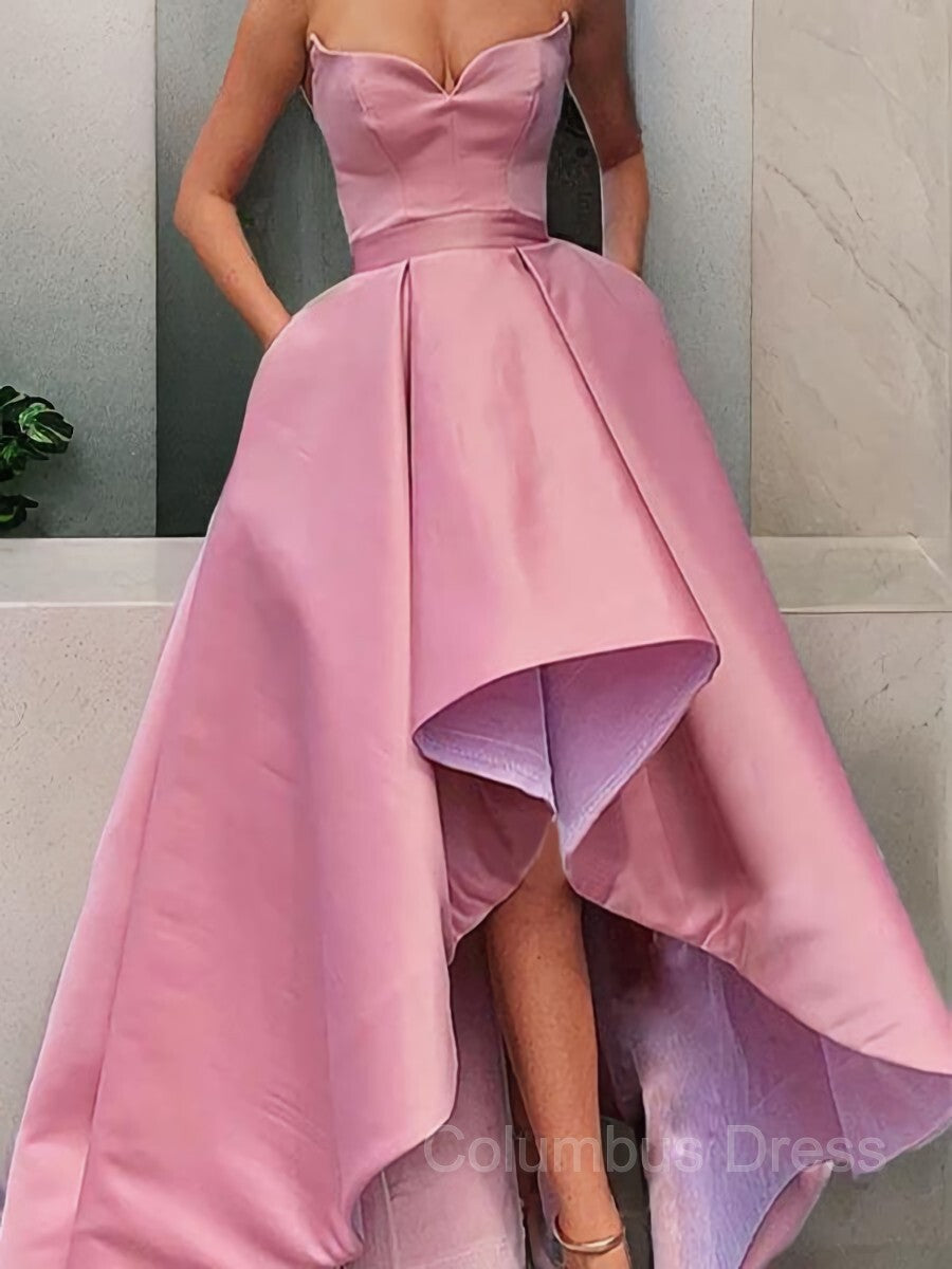 Party Dress Express, A-Line/Princess Strapless Asymmetrical Satin Prom Dresses With Pockets