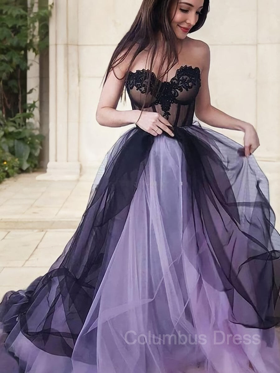 Party Dresses Website, A-Line/Princess Strapless Court Train Tulle Prom Dresses With Appliques Lace