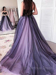 Party Dresses Websites, A-Line/Princess Strapless Court Train Tulle Prom Dresses With Appliques Lace