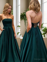 Bridesmaid Dresses By Color, A-Line/Princess Strapless Sweep Train Satin Evening Dresses With Pockets