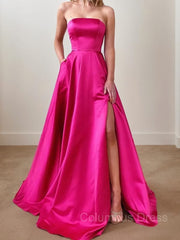 Party Dress Shopping, A-Line/Princess Strapless Sweep Train Satin Prom Dresses With Leg Slit