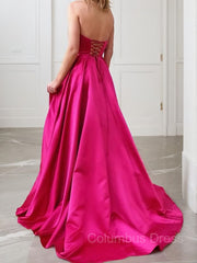 Party Dress Shop, A-Line/Princess Strapless Sweep Train Satin Prom Dresses With Leg Slit