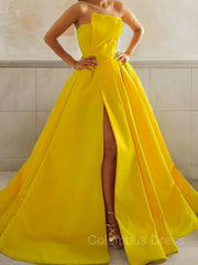 Party Dresses Outfit, A-Line/Princess Strapless Sweep Train Satin Prom Dresses With Leg Slit