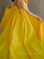 Party Dresses Outfits, A-Line/Princess Strapless Sweep Train Satin Prom Dresses With Leg Slit