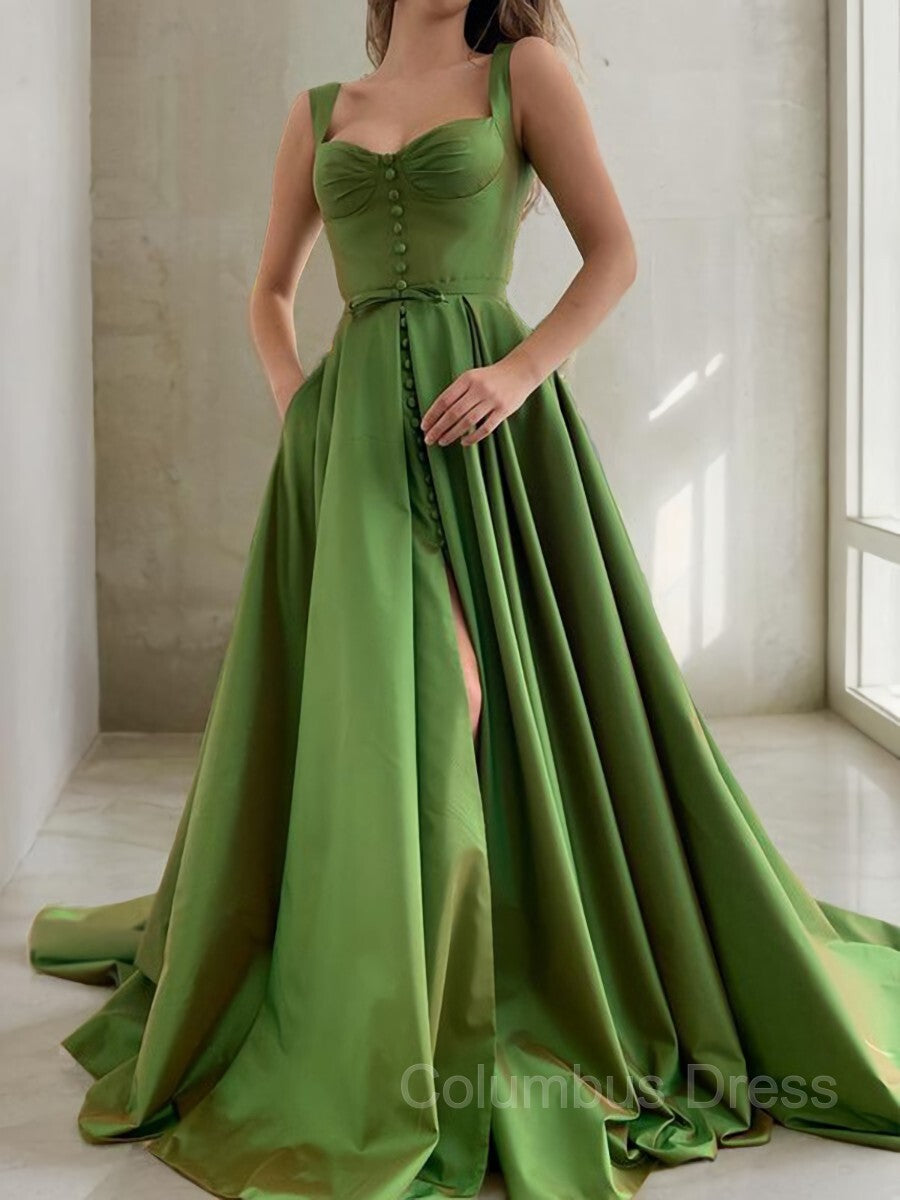 Formal Dress Long Elegant, A-Line/Princess Straps Court Train Satin Prom Dresses With Pockets
