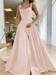 Formal Dress For Teen, A-Line/Princess Straps Court Train Satin Prom Dresses With Pockets