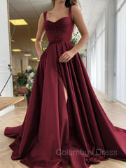 Formal Dresses For Teen, A-Line/Princess Straps Court Train Satin Prom Dresses With Pockets