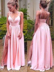 Bridesmaids Dresses Spring, A-Line/Princess Straps Floor-Length Stretch Crepe Prom Dresses With Leg Slit
