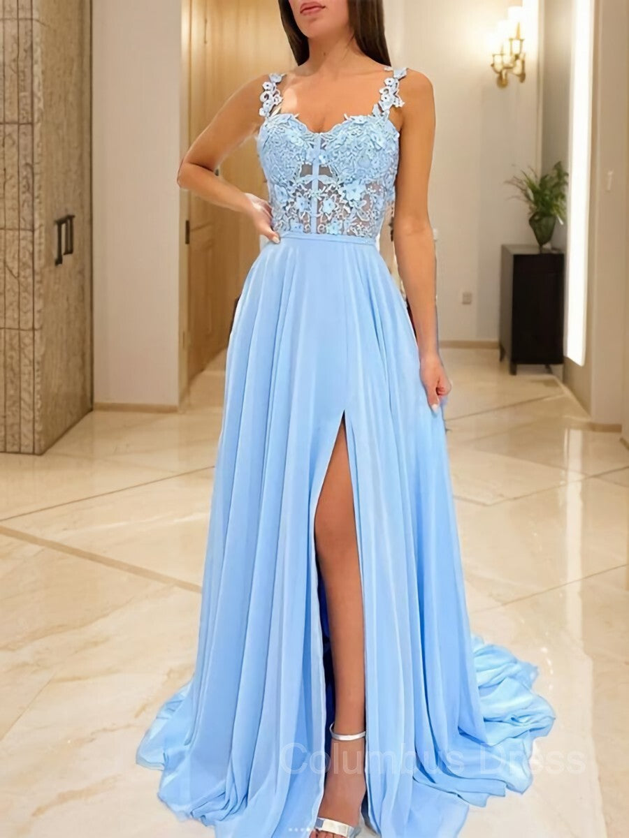 Prom Dress Blue, A-Line/Princess Straps Sweep Train Chiffon Prom Dresses With Leg Slit