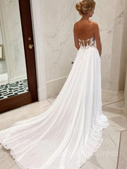 Wedding Dresses Trains, A-Line/Princess Sweetheart Chapel Train Chiffon Wedding Dresses With Leg Slit