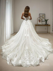 Wedding Dress Boho, A-Line/Princess Sweetheart Chapel Train Tulle Wedding Dresses With Appliques Lace