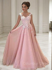 Bridesmaids Dresses Blush, A-Line/Princess Sweetheart Floor-Length Tulle Evening Dresses With Appliques Lace