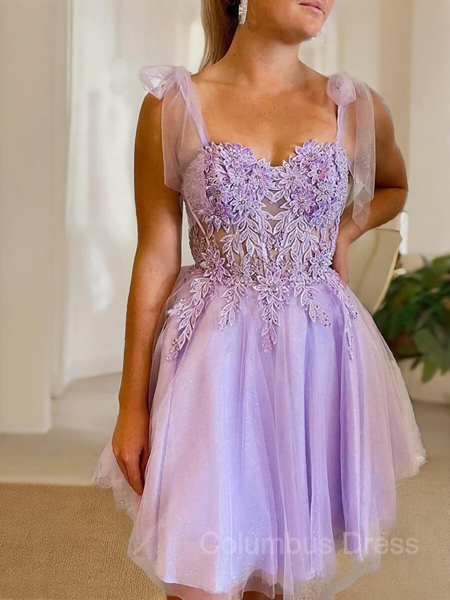 Evening Dresses Simple, A-Line/Princess Sweetheart Short/Mini Tulle Homecoming Dresses With Appliques Lace