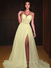 Mini Dress, A-Line/Princess Sweetheart Sweep Train Lace Prom Dresses With Leg Slit