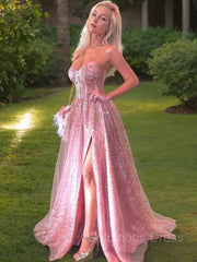 Prom Dress Gold, A-Line/Princess Sweetheart Sweep Train Prom Dresses With Leg Slit