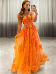 Evening Dress Elegant Classy, A-Line/Princess Sweetheart Sweep Train Tulle Prom Dresses With Appliques Lace