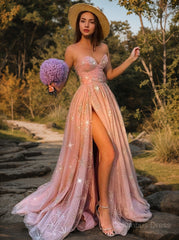 Bridesmaid Dress Color Schemes, A-Line/Princess Sweetheart Sweep Train Tulle Prom Dresses With Leg Slit