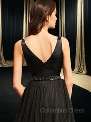 Party Dress Man, A-Line/Princess V-neck Asymmetrical Tulle Prom Dresses With Beading