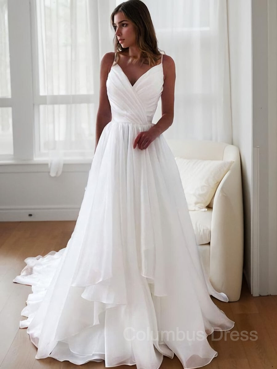 Wedding Dresses Long Sleev, A-Line/Princess V-neck Court Train Organza Wedding Dresses