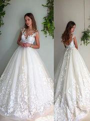 Wedding Dress Lace Simple, A-Line/Princess V-neck Court Train Tulle Wedding Dresses With Appliques Lace