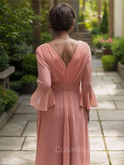 Bridesmaid Dress Gold, A-Line/Princess V-neck Floor-Length Chiffon Mother of the Bride Dresses With Ruffles