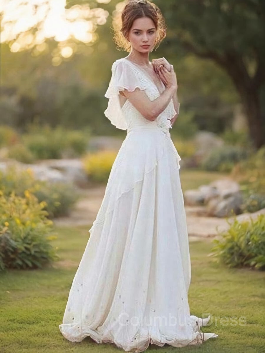 Wedding Dressed Princess, A-Line/Princess V-neck Floor-Length Chiffon Wedding Dresses With Belt/Sash