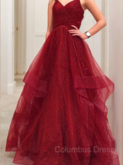 Formal Dresses For Weddings Near Me, A-Line/Princess V-neck Floor-Length Net Prom Dresses