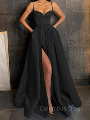 Formal Dresses Gown, A-Line/Princess V-neck Floor-Length Satin Prom Dresses With Leg Slit