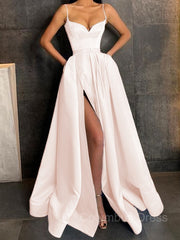 Formal Dress Gowns, A-Line/Princess V-neck Floor-Length Satin Prom Dresses With Leg Slit