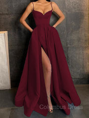 Formal Dresses Fashion, A-Line/Princess V-neck Floor-Length Satin Prom Dresses With Leg Slit