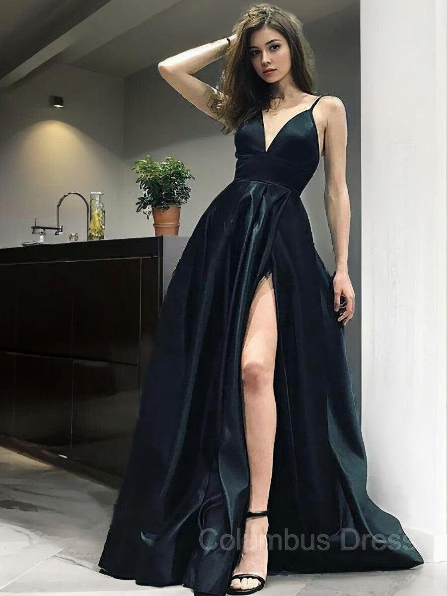 Prom Dresses With Sleeve, A-Line/Princess V-neck Floor-Length Satin Prom Dresses With Leg Slit