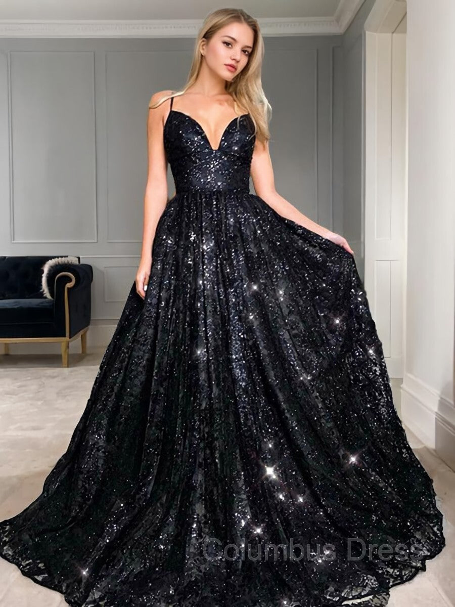Party Dress Lady, A-Line/Princess V-neck Floor-Length Sequins Prom Dresses