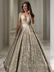 Bridesmaid Dress Colors Scheme, A-Line/Princess V-neck Floor-Length Sequins Prom Dresses With Ruffles
