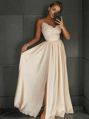 Party Dress Ball, A-Line/Princess V-neck Floor-Length Silk like Satin Prom Dresses With Leg Slit