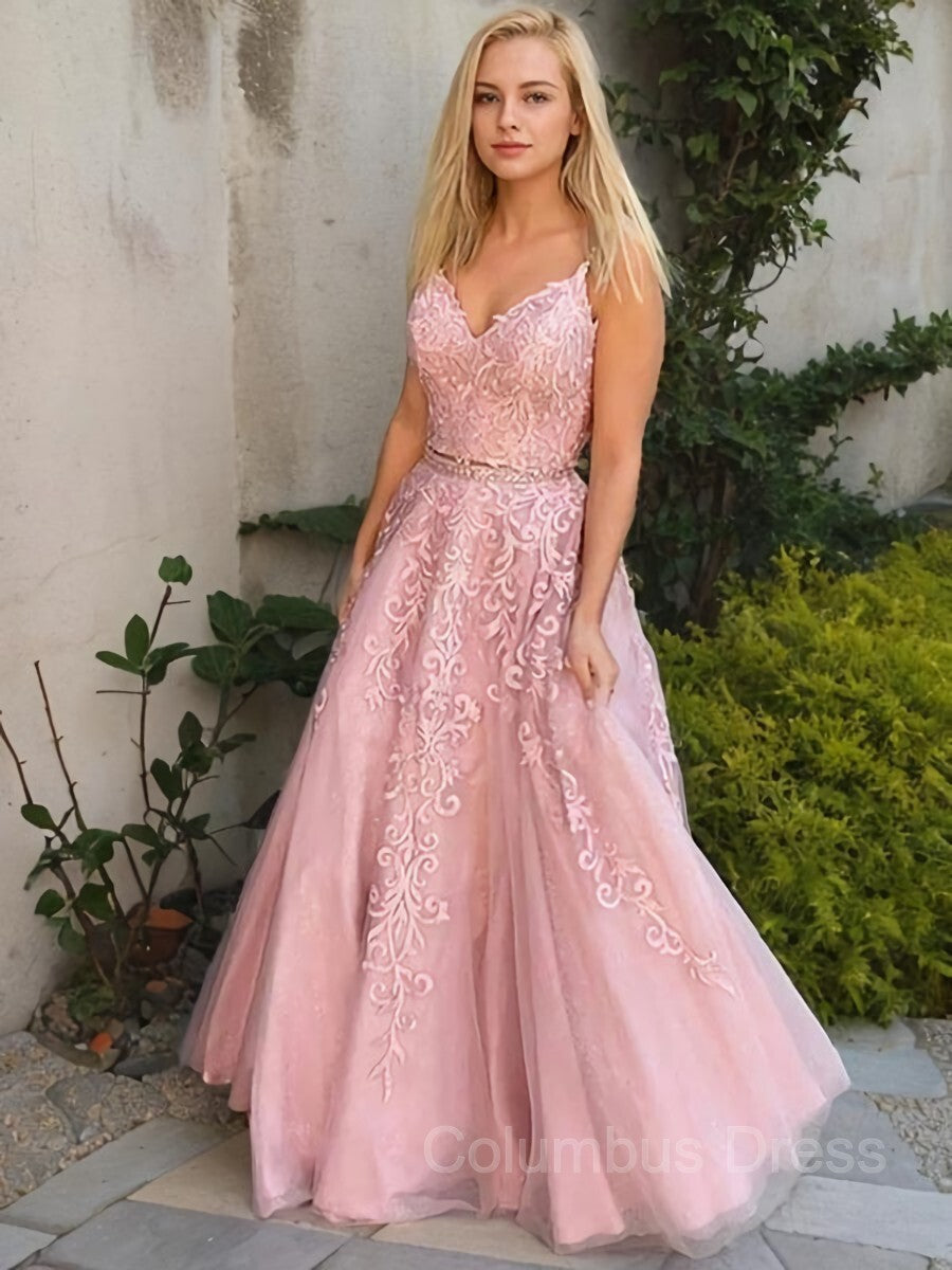 Party Dresses Classy Christmas, A-Line/Princess V-neck Floor-Length Tulle Evening Dresses With Appliques Lace