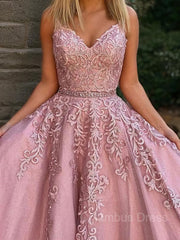 Party Dress Classy Christmas, A-Line/Princess V-neck Floor-Length Tulle Evening Dresses With Appliques Lace