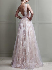 Bridesmaid Dressed Blush, A-Line/Princess V-neck Floor-Length Tulle Evening Dresses With Appliques Lace