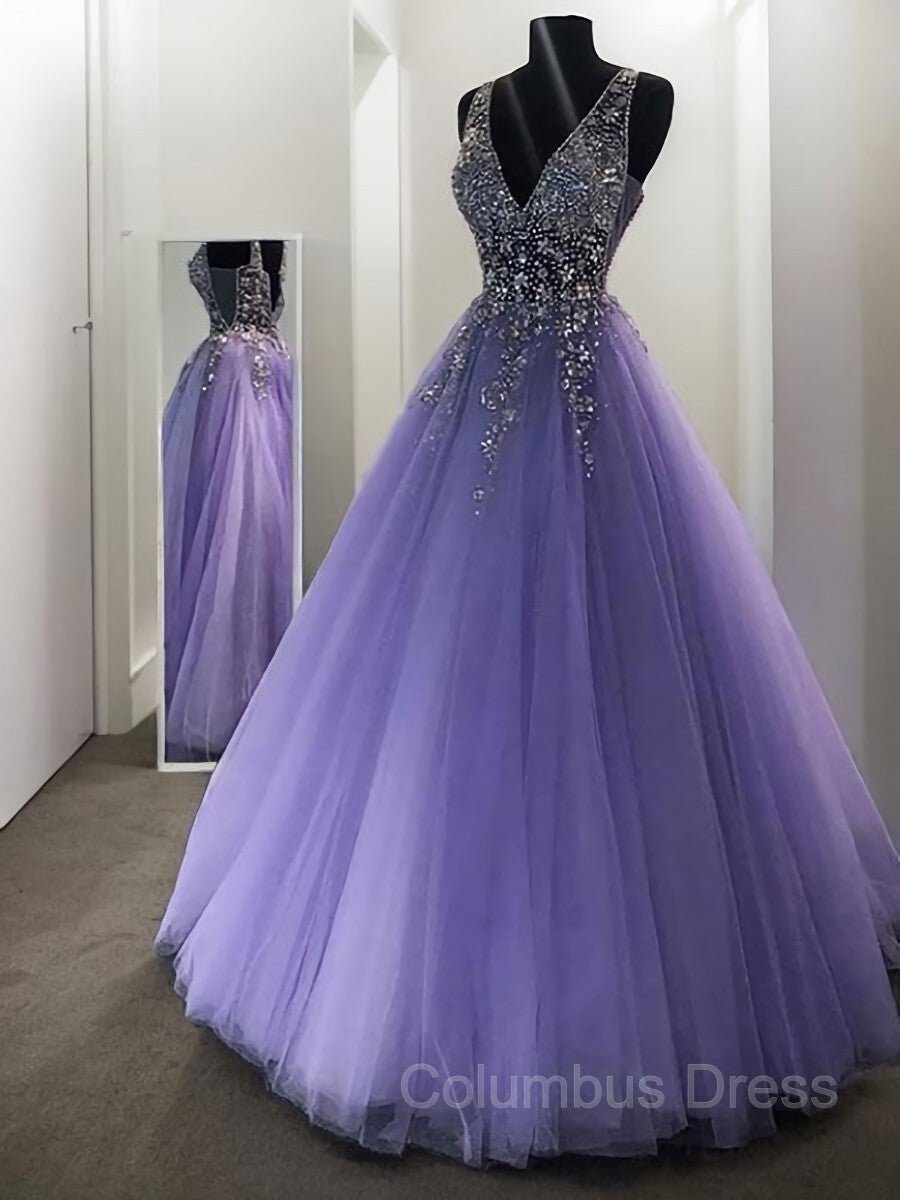 Fantasy Dress, A-Line/Princess V-neck Floor-Length Tulle Evening Dresses With Beading