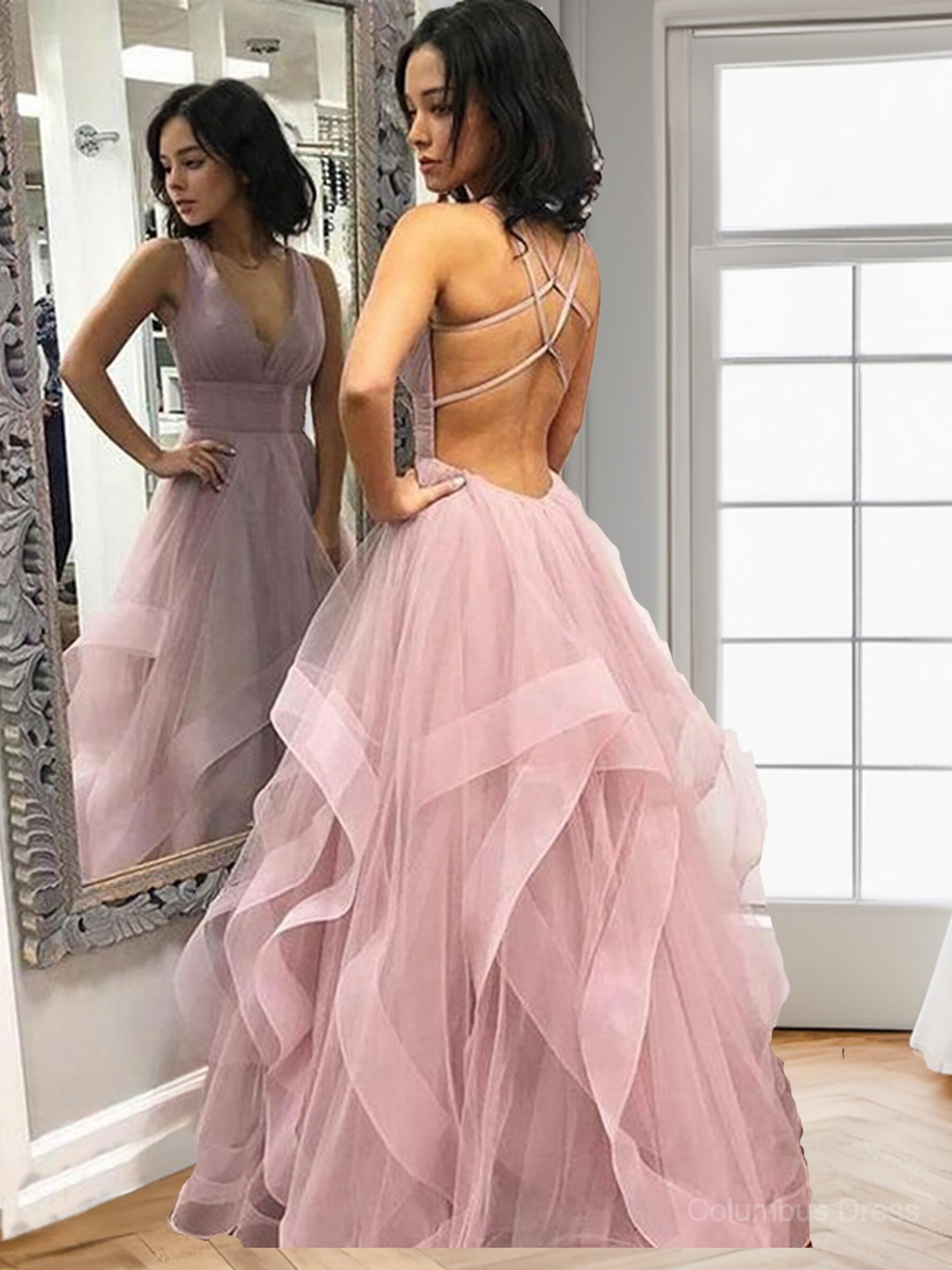 Prom Dresses Open Backs, A-Line/Princess V-neck Floor-Length Tulle Evening Dresses With Ruffles