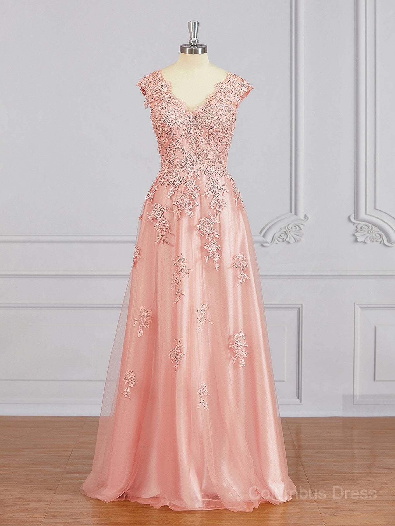 Prom Dress Pink, A-Line/Princess V-neck Floor-Length Tulle Mother of the Bride Dresses With Appliques Lace