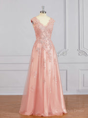 Prom Dress With Pocket, A-Line/Princess V-neck Floor-Length Tulle Mother of the Bride Dresses With Appliques Lace