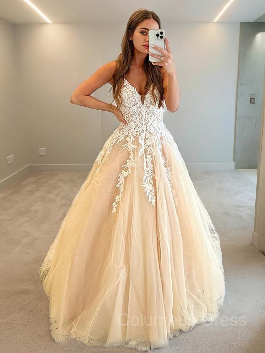 Formal Dress For Graduation, A-Line/Princess V-neck Floor-Length Tulle Prom Dresses With Appliques Lace