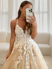 Formal Dresses To Wear To A Wedding, A-Line/Princess V-neck Floor-Length Tulle Prom Dresses With Appliques Lace